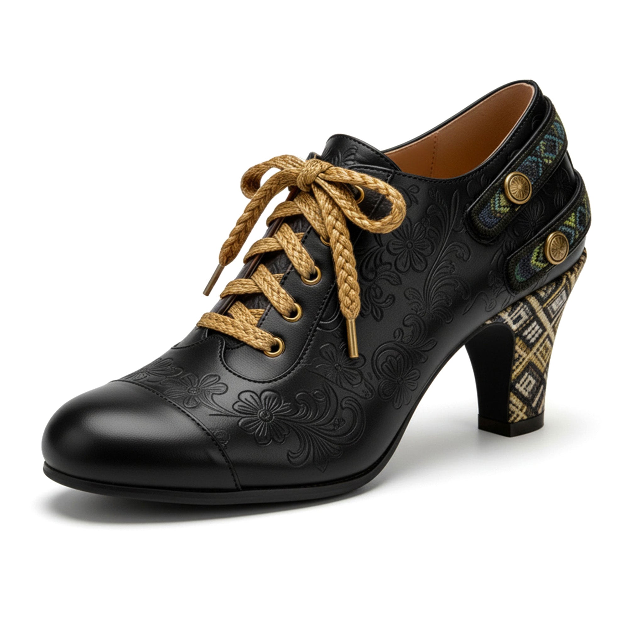 Floral Embossed Lace-Up Heels (Pre-order)