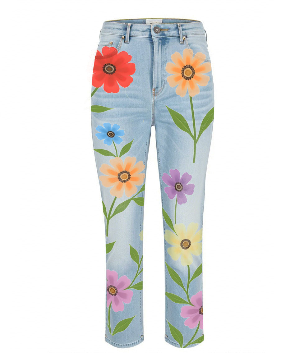 Denim Floral Casual Pants