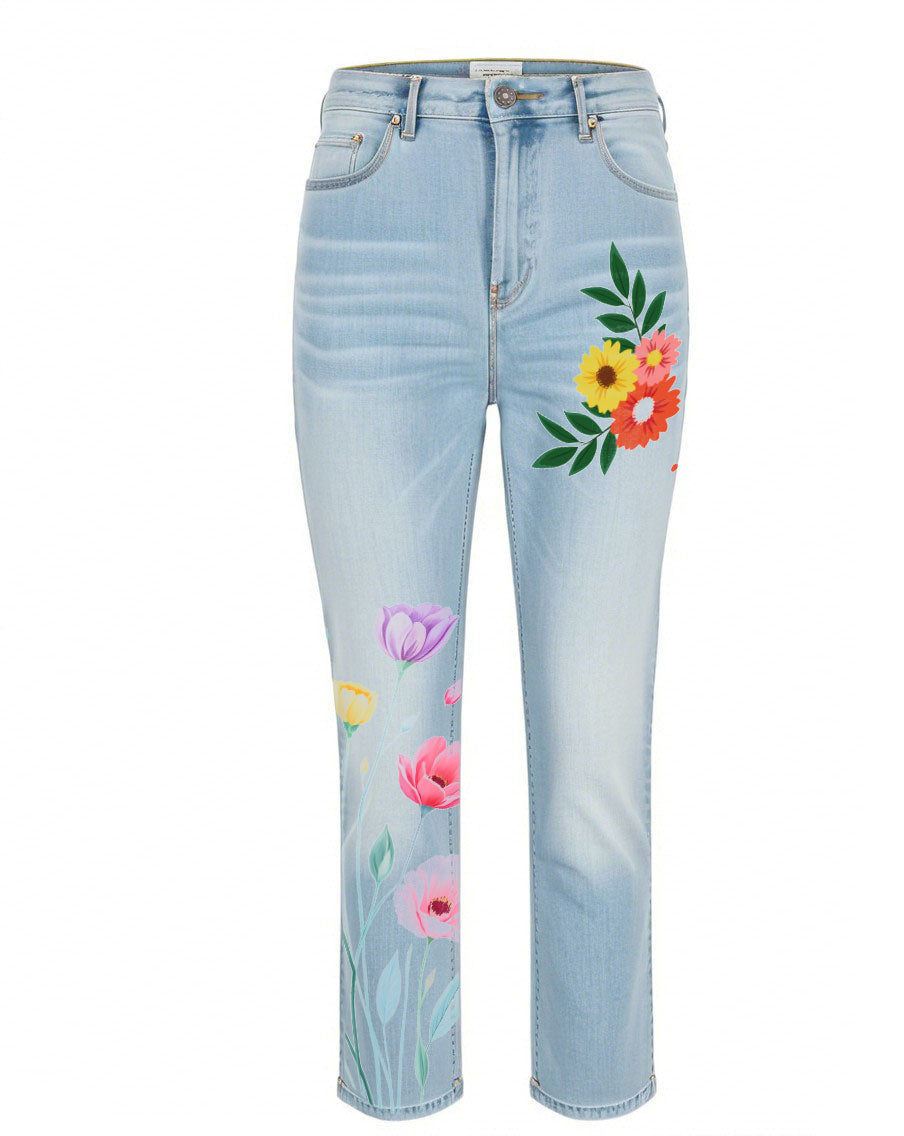Denim Floral Casual Pants