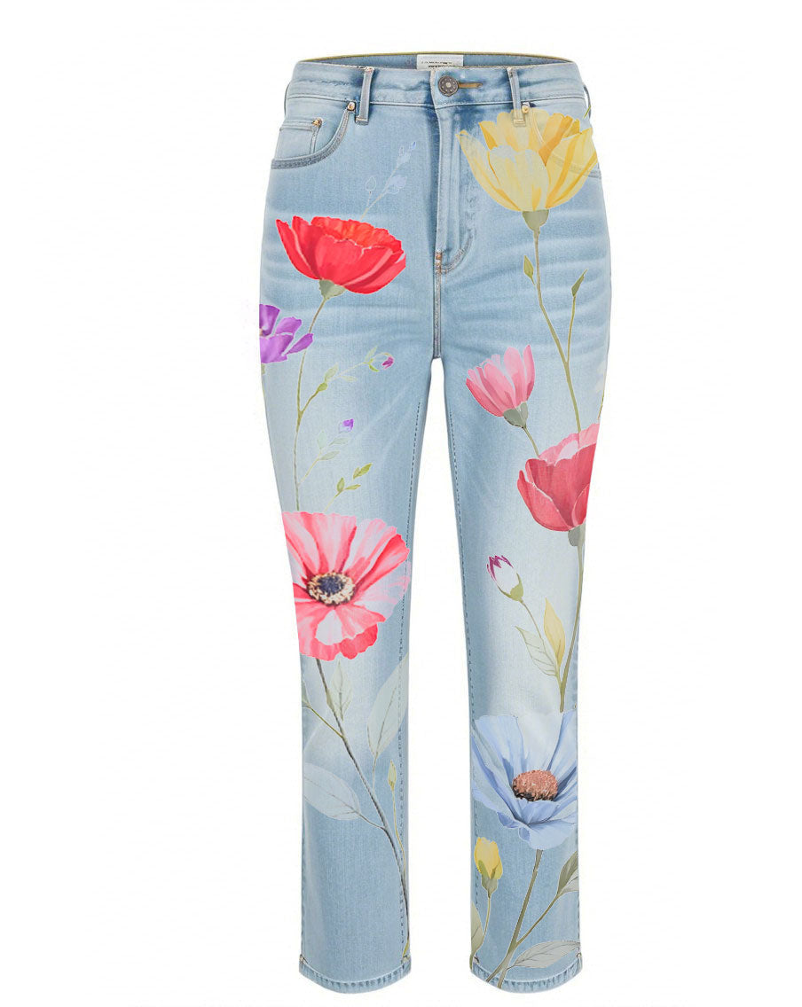 Denim Floral Casual Pants
