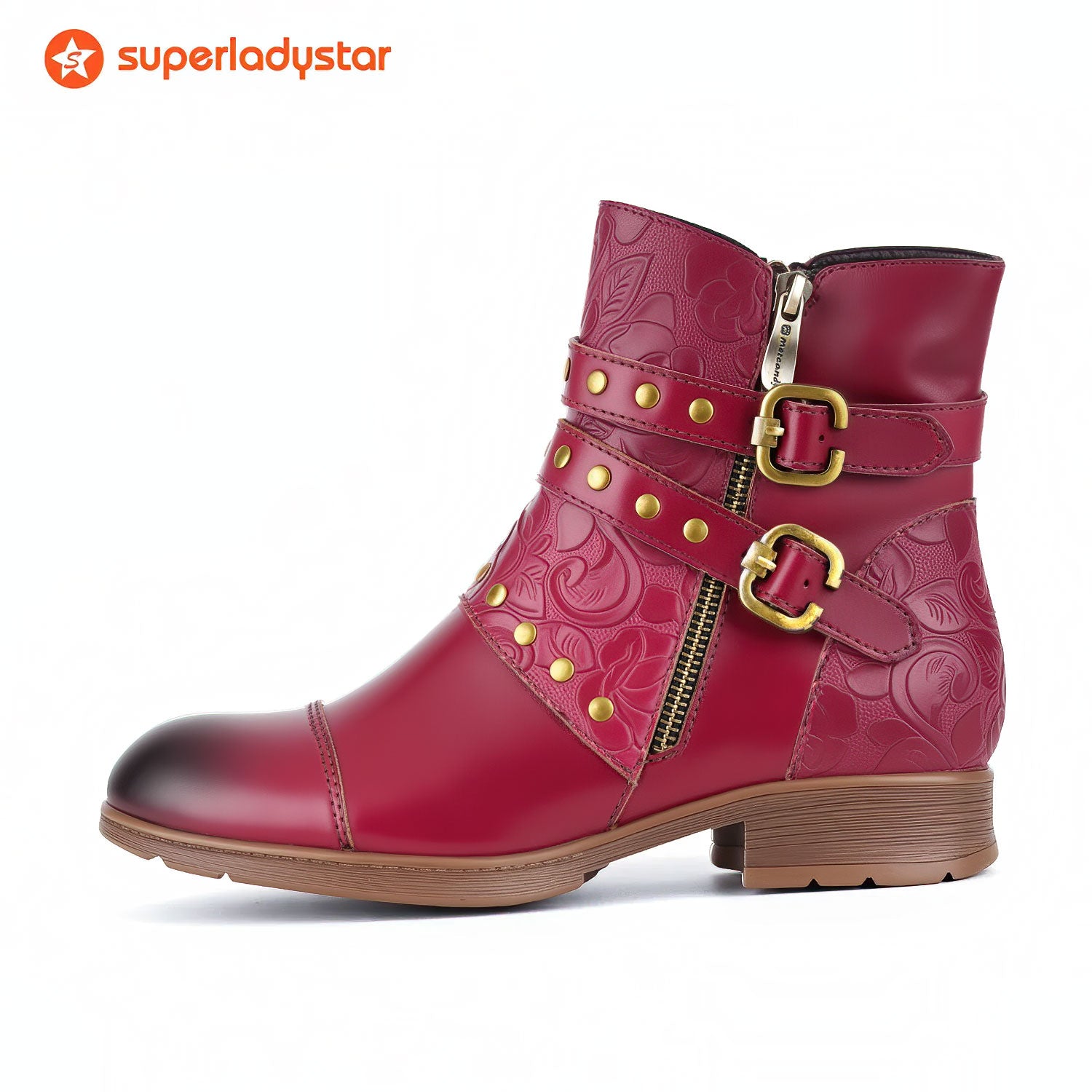 Embossed Buckle Strap Ankle Boots