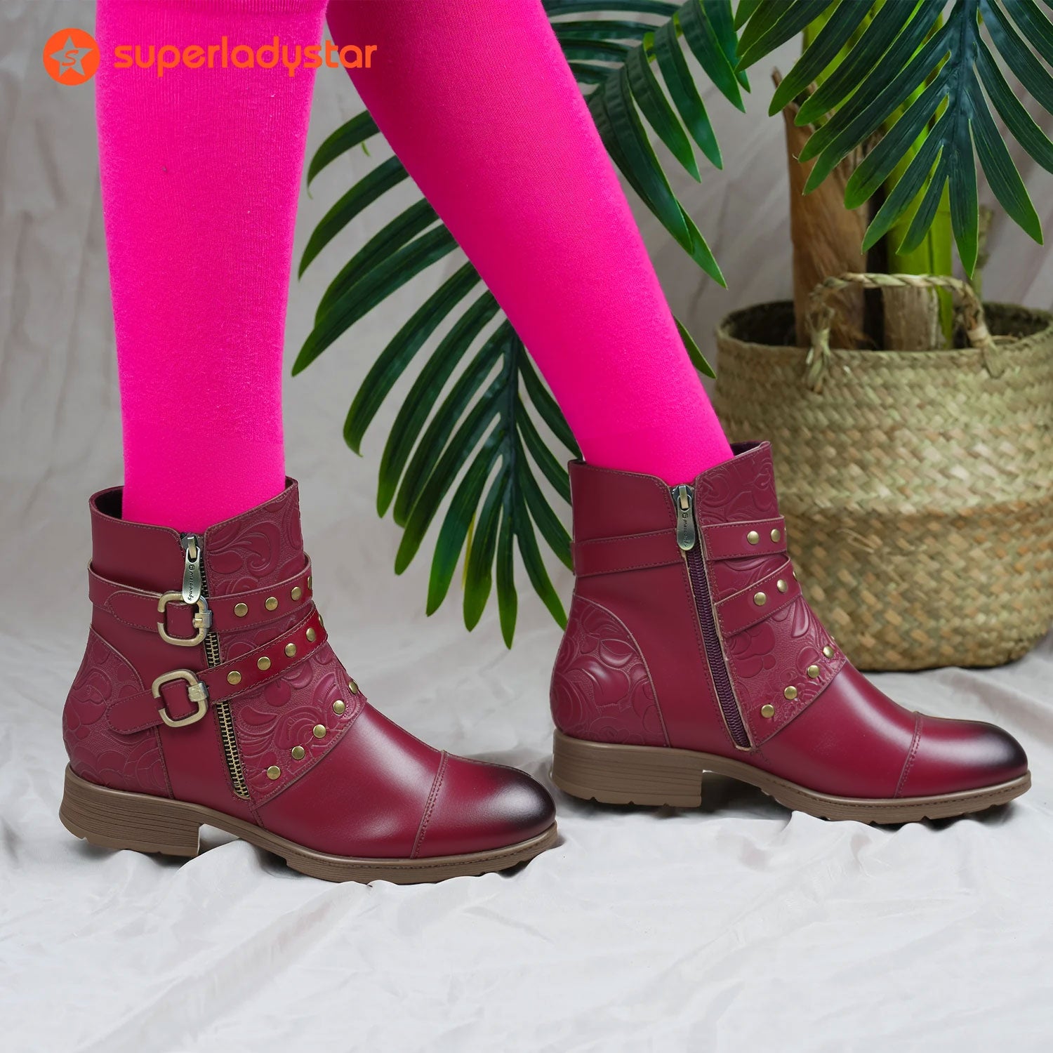 Embossed Buckle Strap Ankle Boots