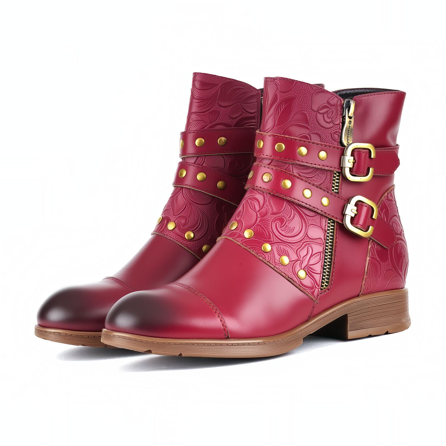 Embossed Buckle Strap Ankle Boots