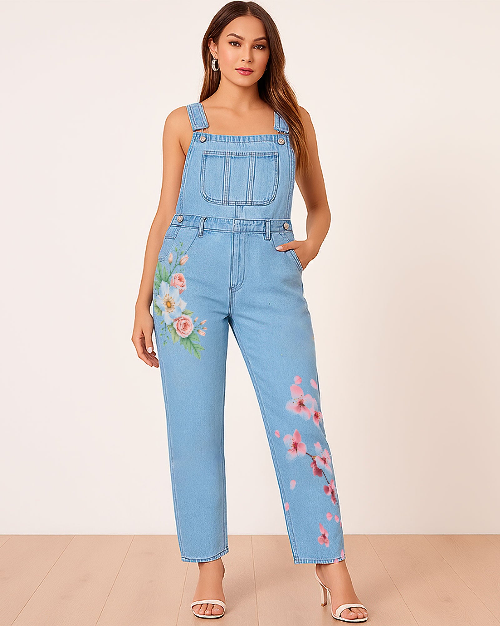 Sem mangas jeans de impressão floral