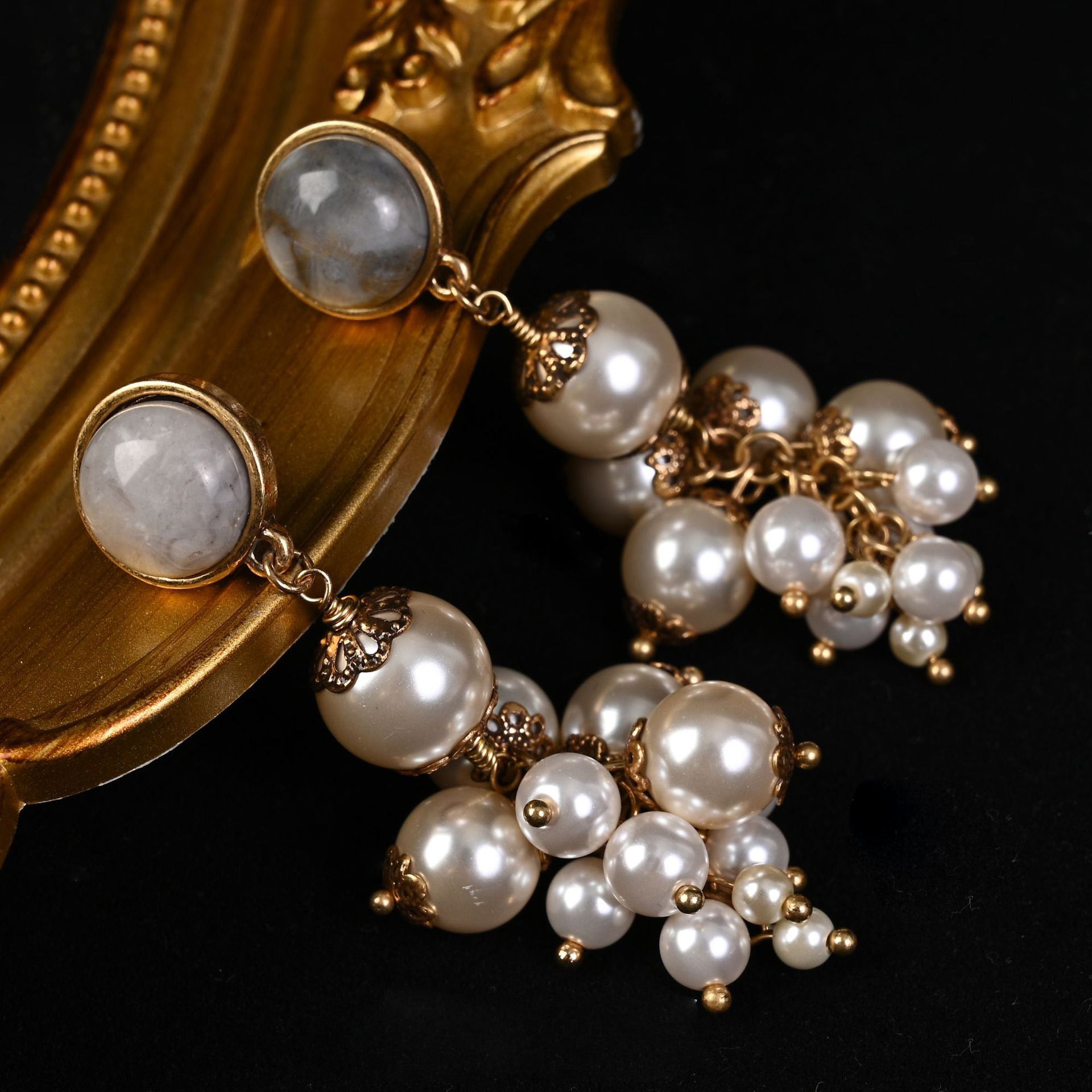 Vintage Grape String Pearl Silver Needle Earrings Translation