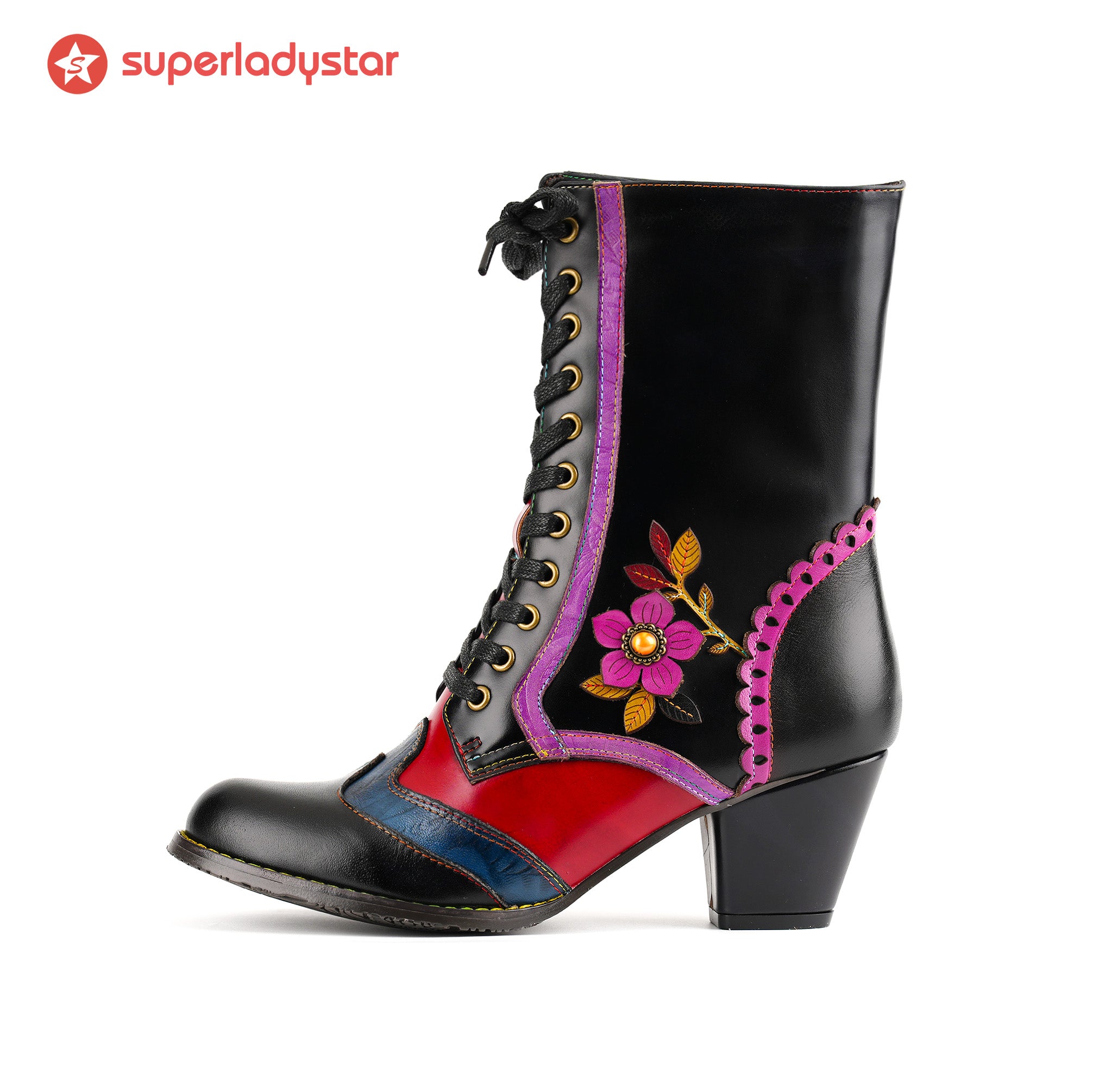 Vintage Crimson Bloom Ankle Boots