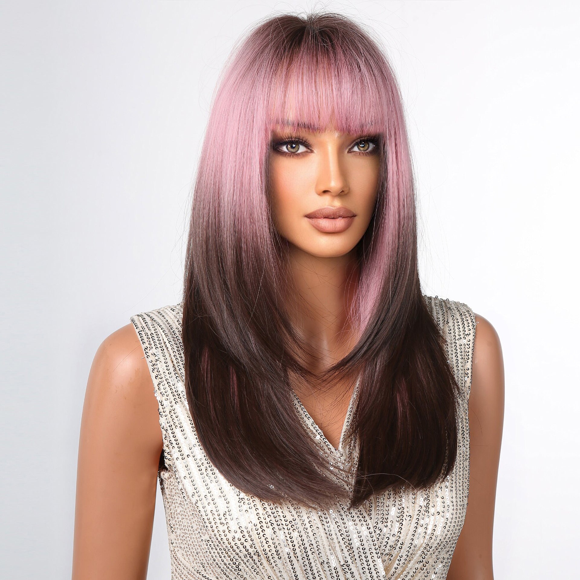 Punk Style Pink Gradient Deep Brown Bob Cut Straight Hair Wig with Bangs
