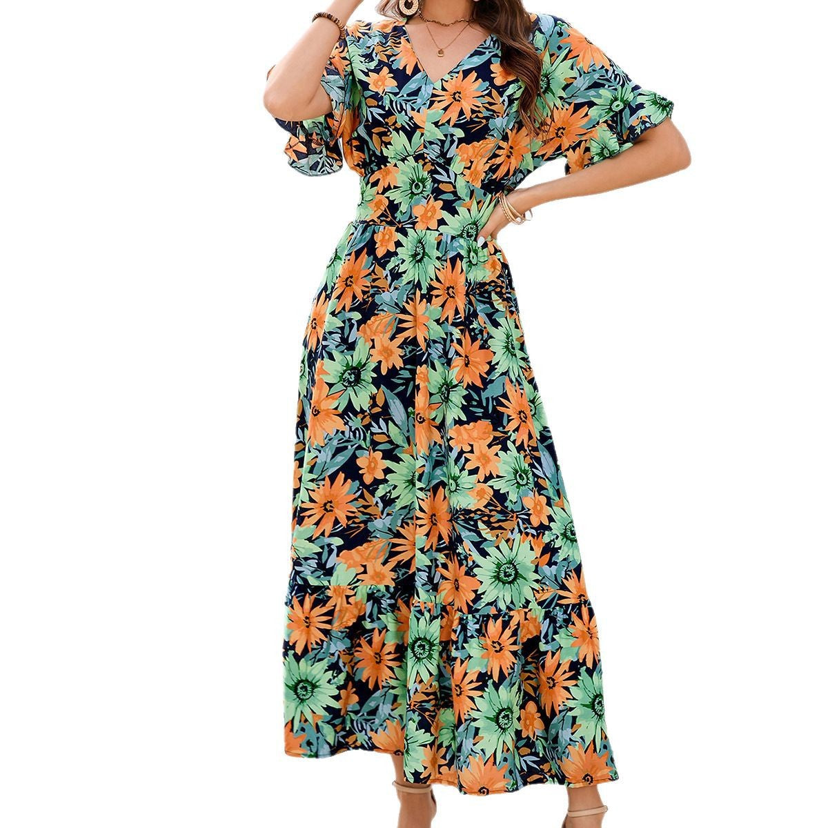 Ruffled V-Neck Cinched-Waist Bohemian Dress