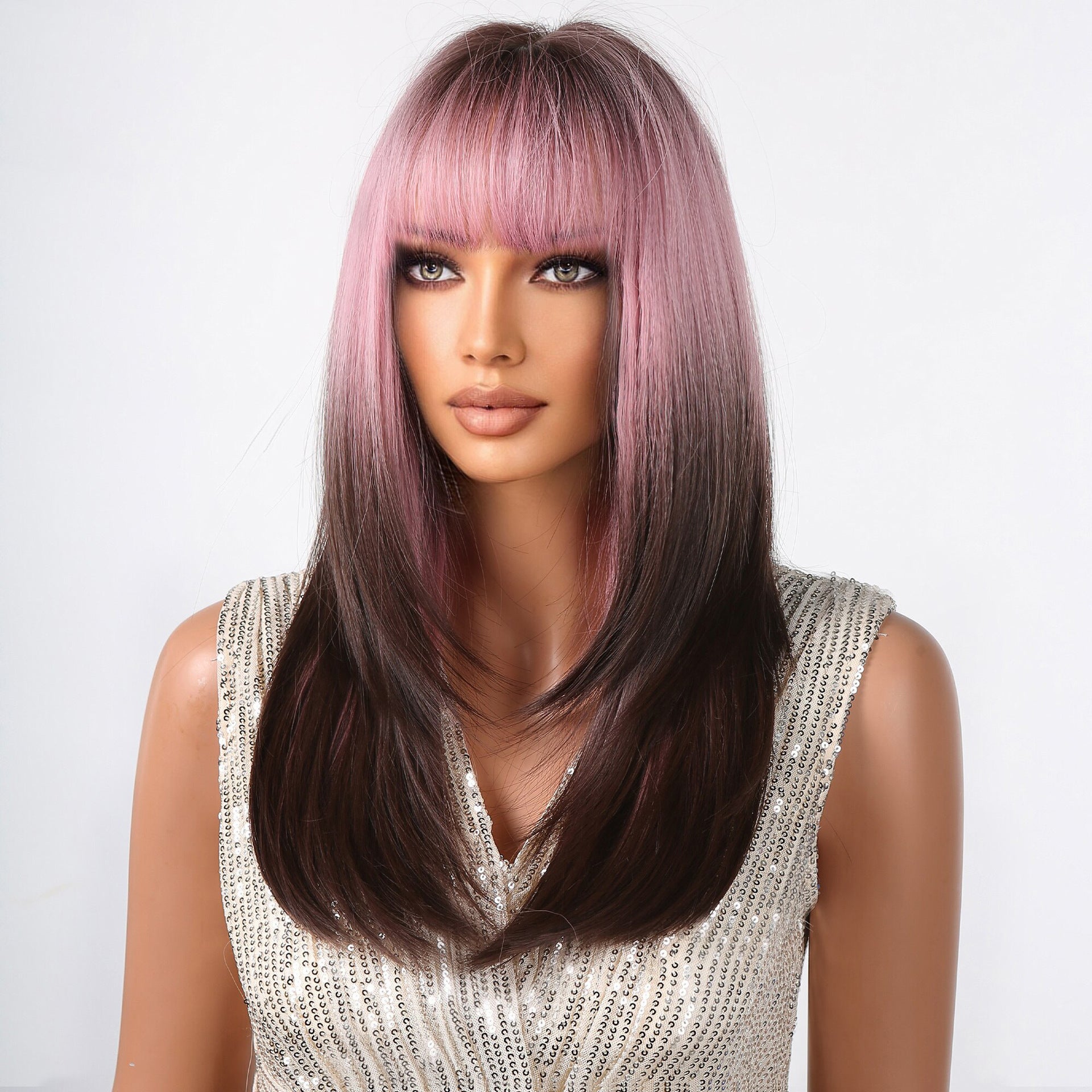Punk Style Pink Gradient Deep Brown Bob Cut Straight Hair Wig with Bangs