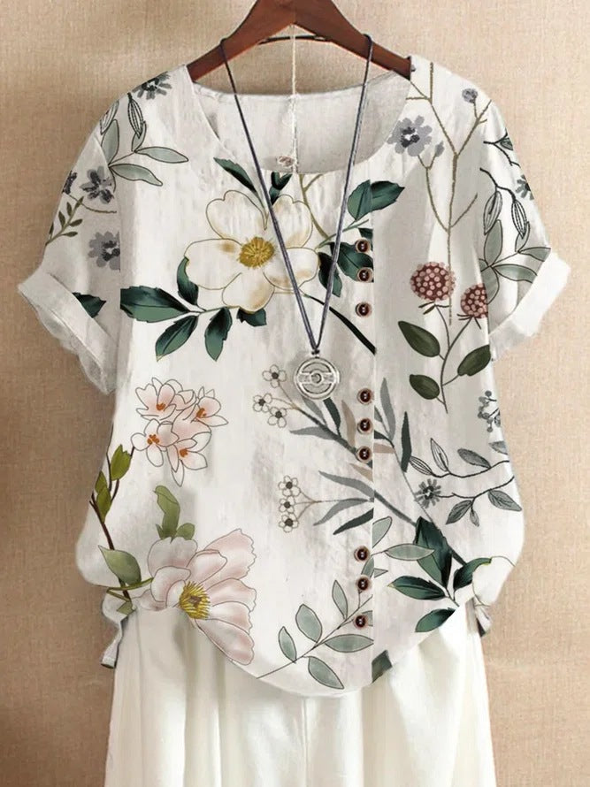 Vintage Linen Cotton Fashion Print Loose T-shirt
