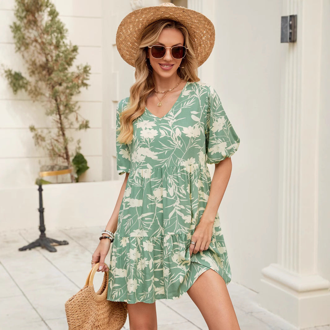 Printed V-Neck Loose Short-Sleeve Dress