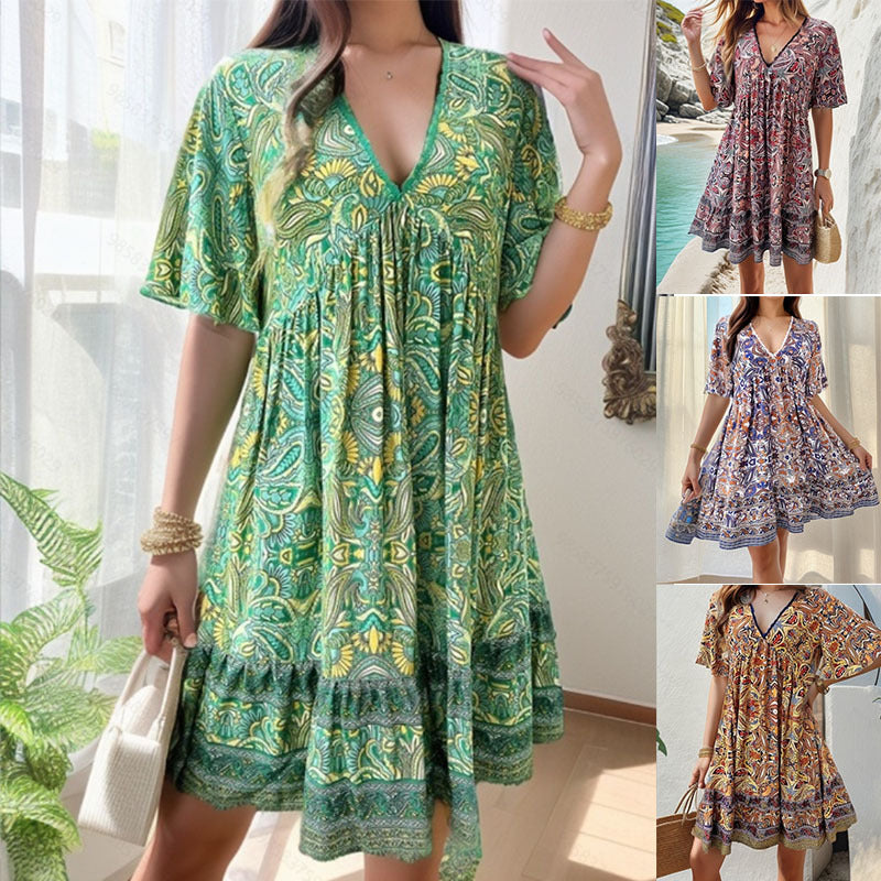 V-Ausschnitt Urlaub Freizeit gedrucktes Kleid