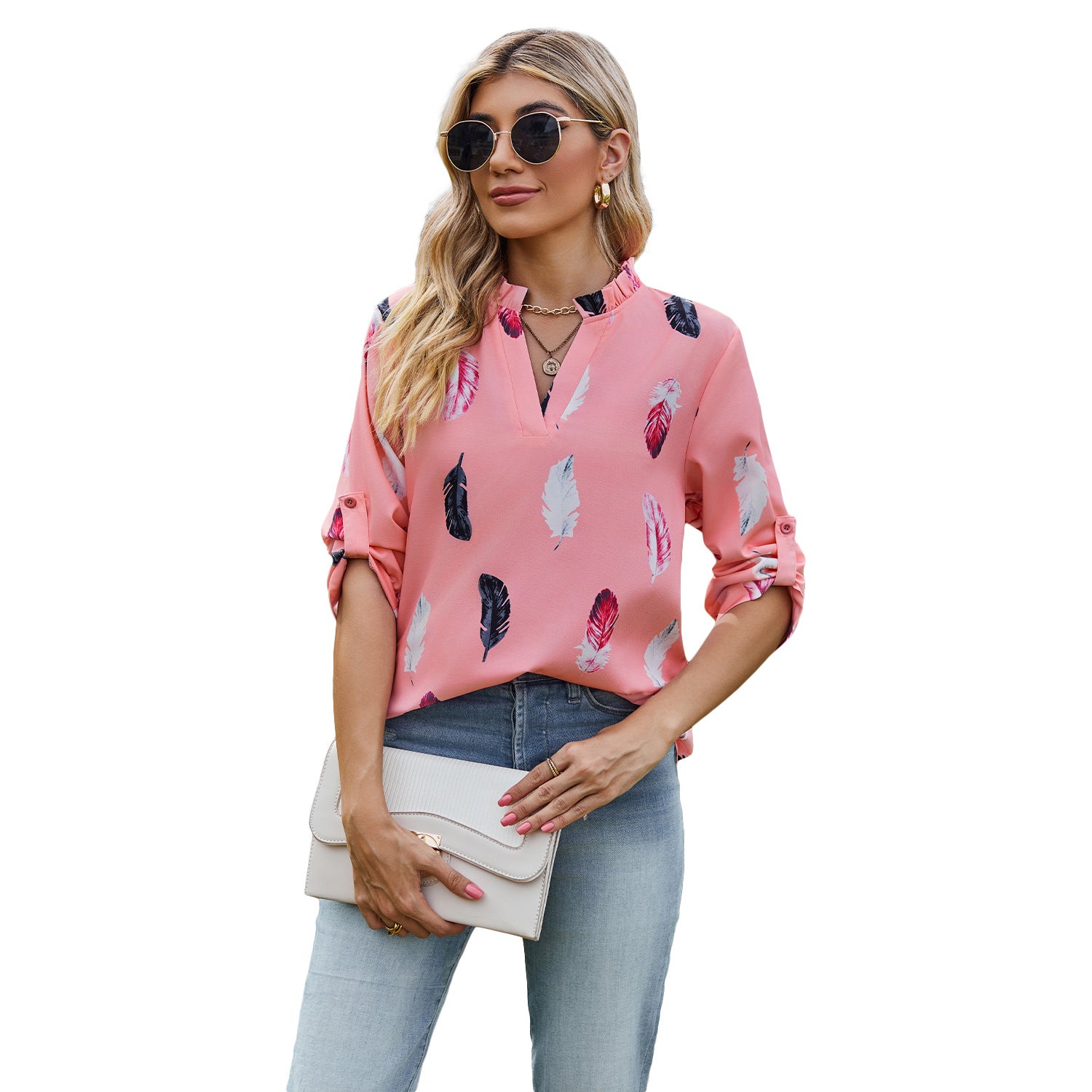 Verbe à col en V Imprimement en vrac à sept manches Blouse