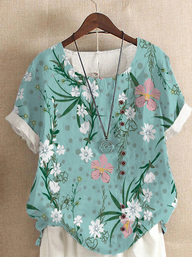 Vintage Linen Cotton Fashion Print Loose T-shirt
