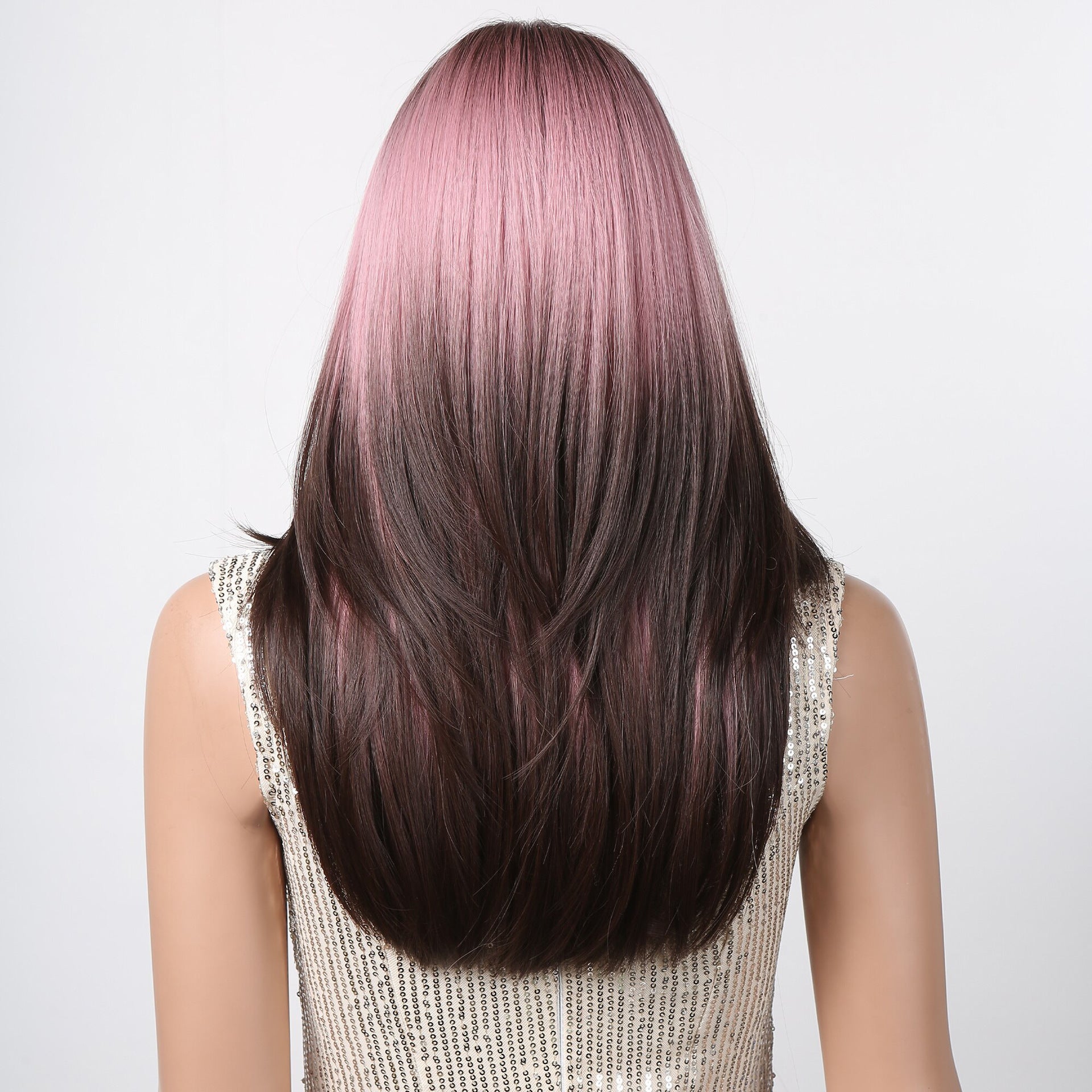 Punk Style Pink Gradient Deep Brown Bob Cut Straight Hair Wig with Bangs