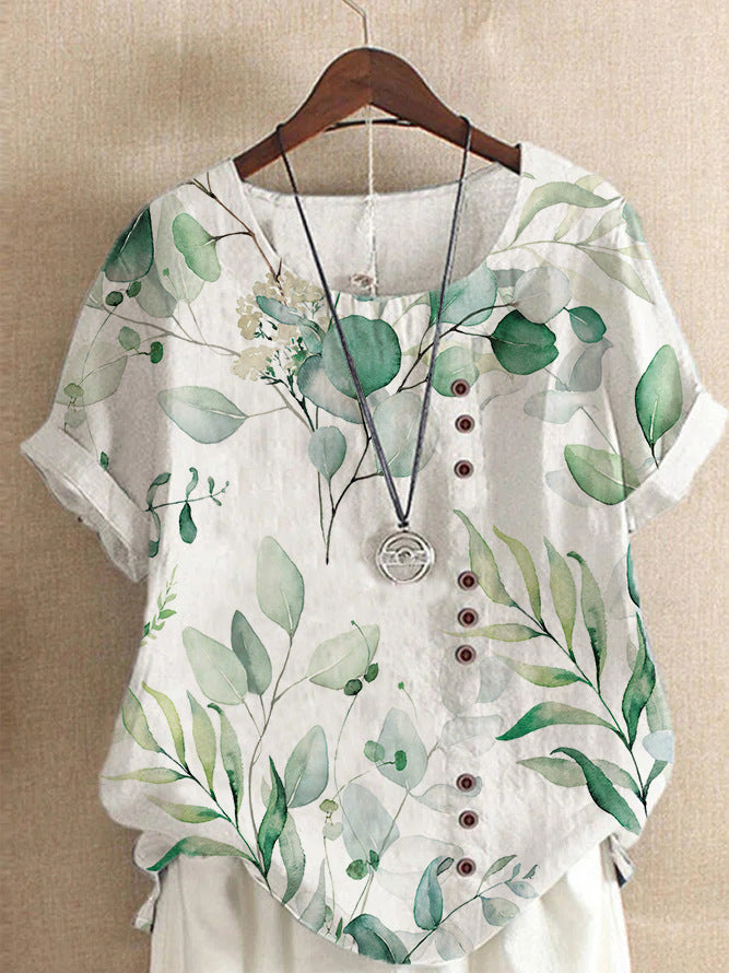 Vintage Linen Cotton Fashion Print Loose T-shirt