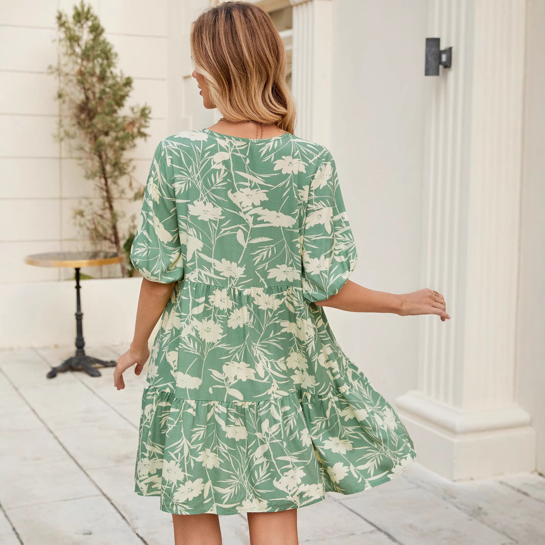 Printed V-Neck Loose Short-Sleeve Dress