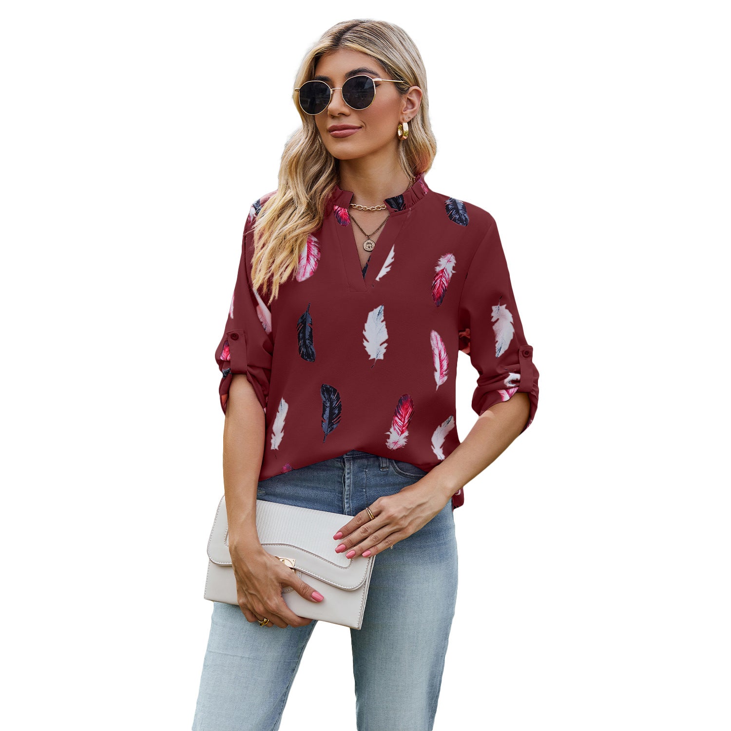 V-neck Feather Print Loose Fit Seven Sleeve Blouse