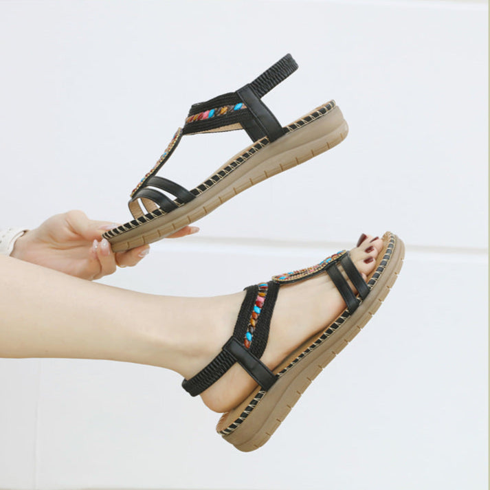 Bohemian Rhinestone Casual Comfortable Latex Flat Sandals