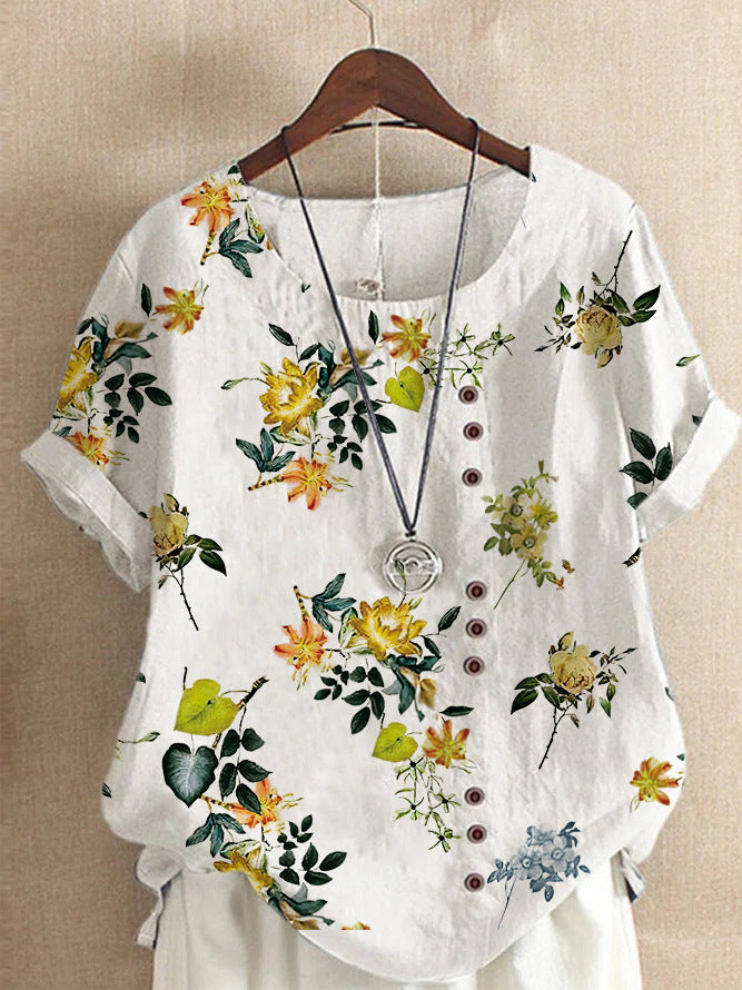 Vintage Linen Cotton Fashion Print Loose T-shirt
