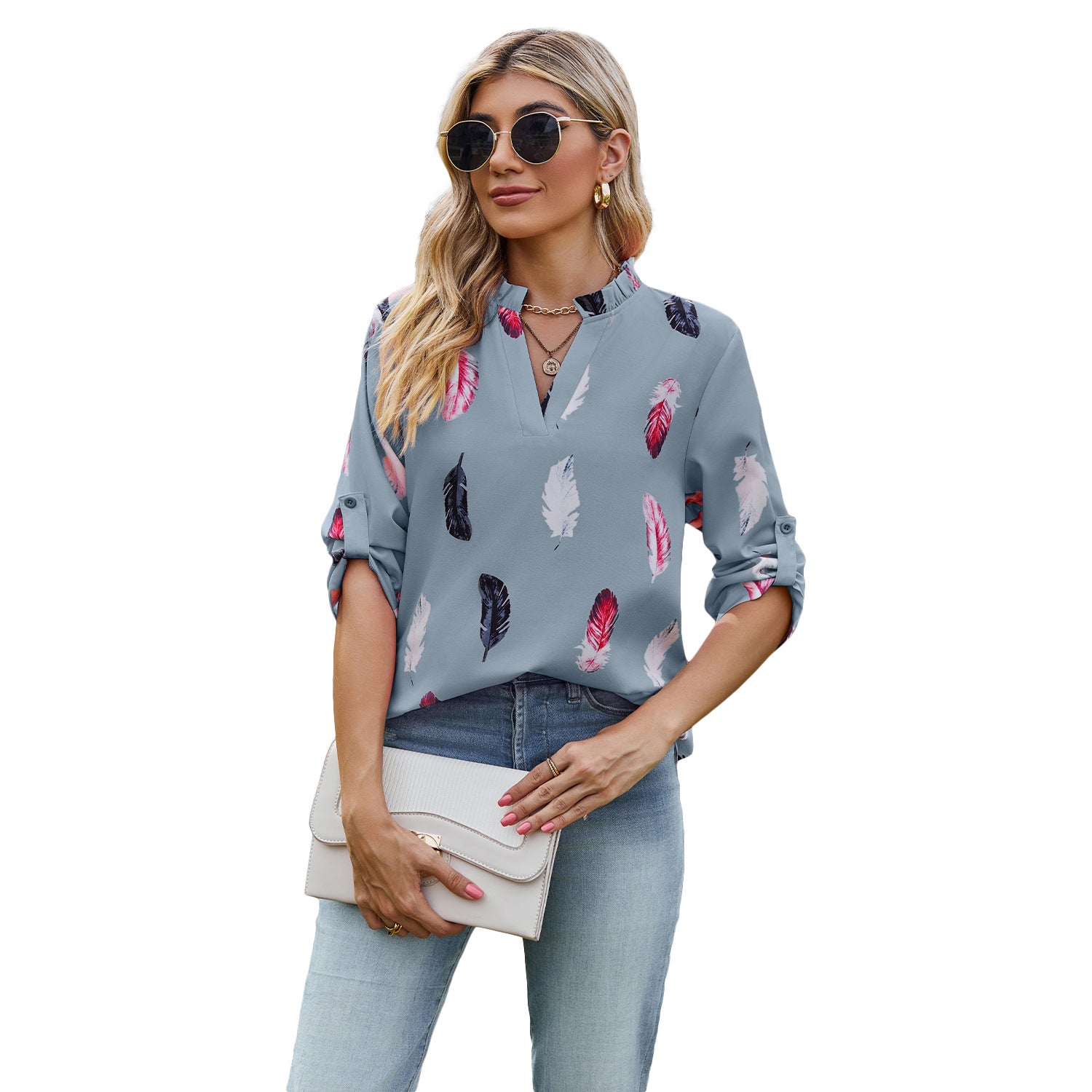 Verbe à col en V Imprimement en vrac à sept manches Blouse