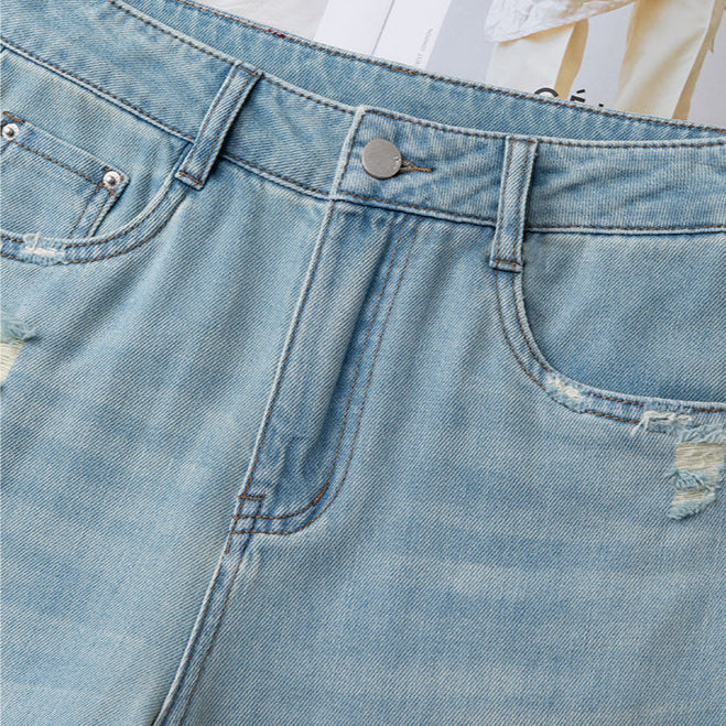Embroidered Light Blue Straight-Leg Jeans