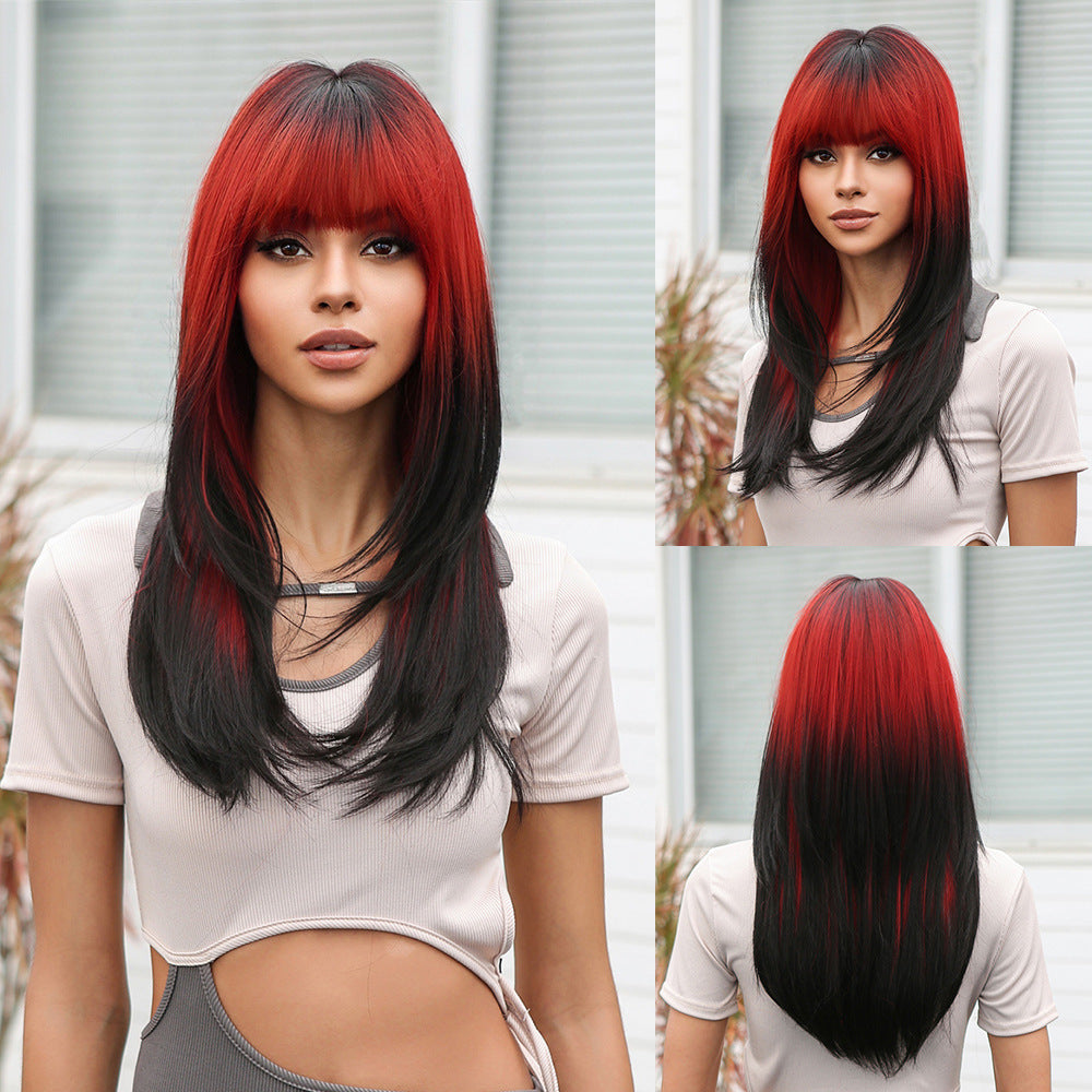 Punk Style Pink Gradient Deep Brown Bob Cut Straight Hair Wig with Bangs