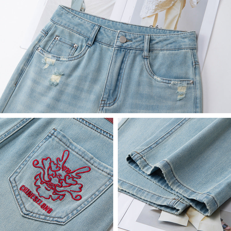 Embroidered Light Blue Straight-Leg Jeans