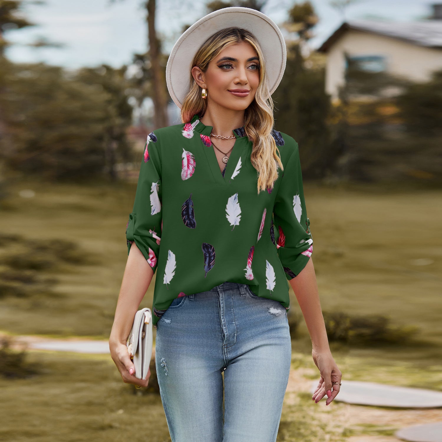 V-neck Feather Print Loose Fit Seven Sleeve Blouse