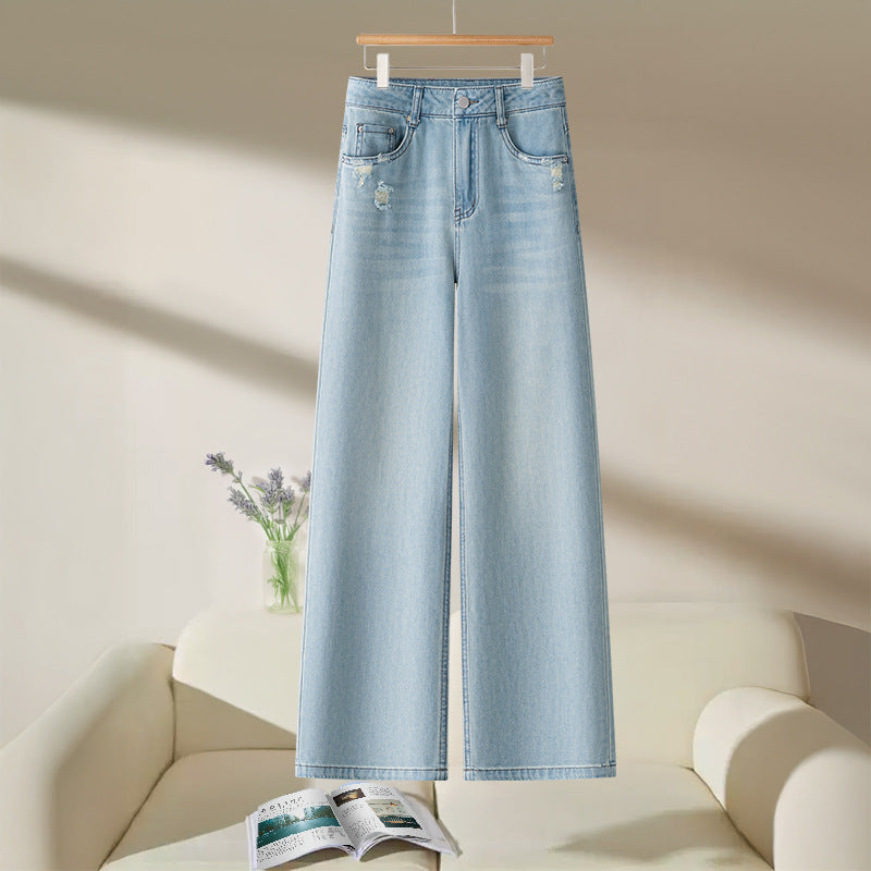 Embroidered Light Blue Straight-Leg Jeans