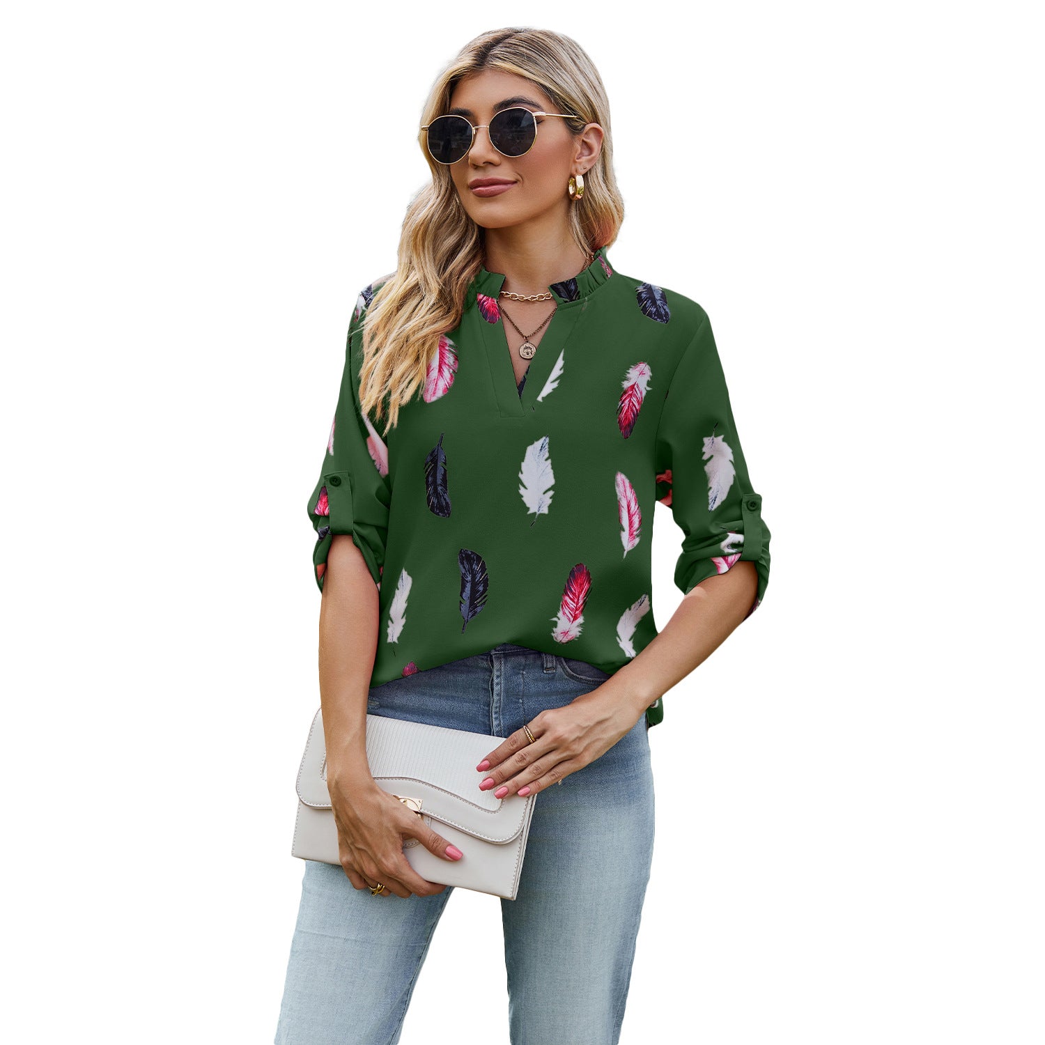V-neck Feather Print Loose Fit Seven Sleeve Blouse