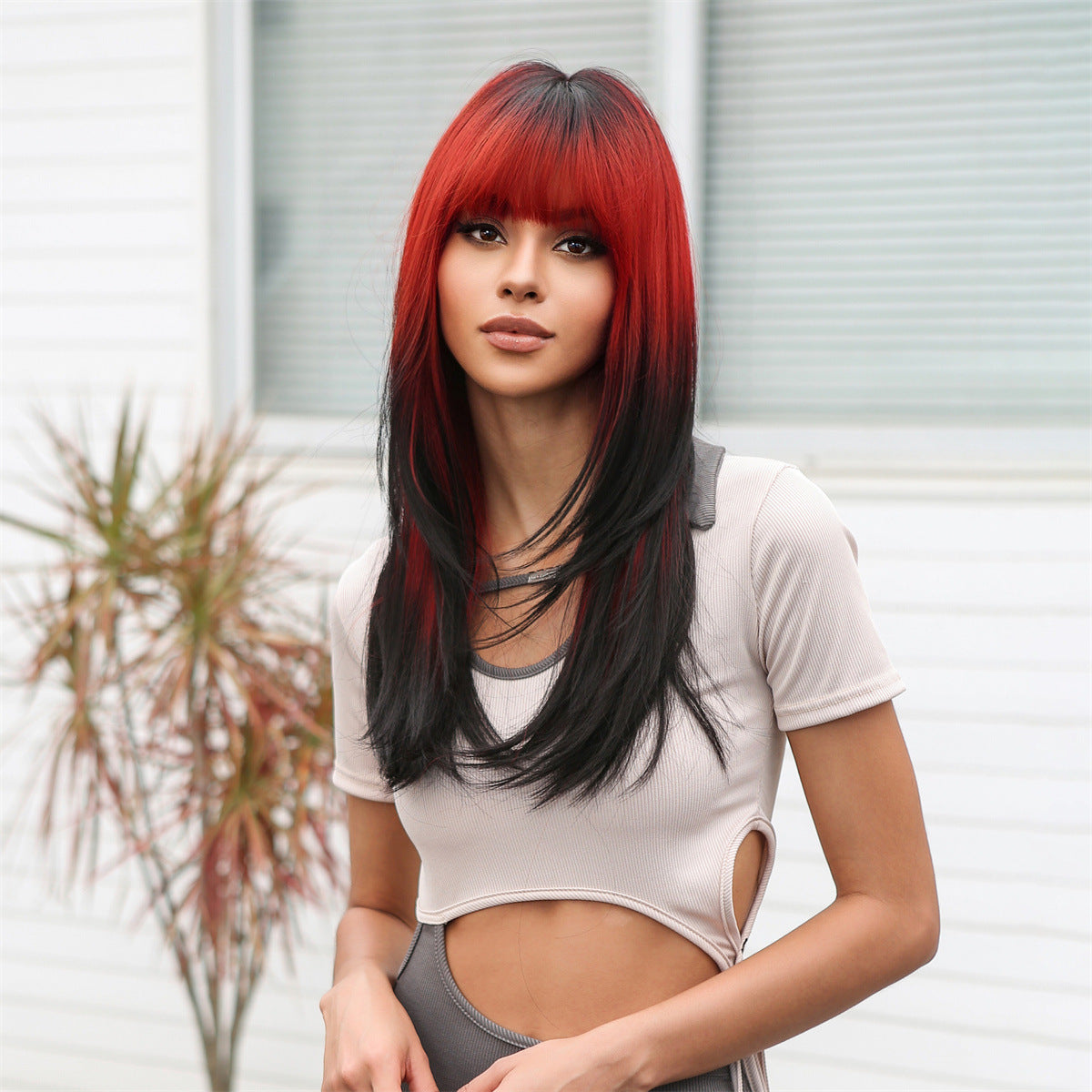 Punk Style Pink Gradient Deep Brown Bob Cut Straight Hair Wig with Bangs