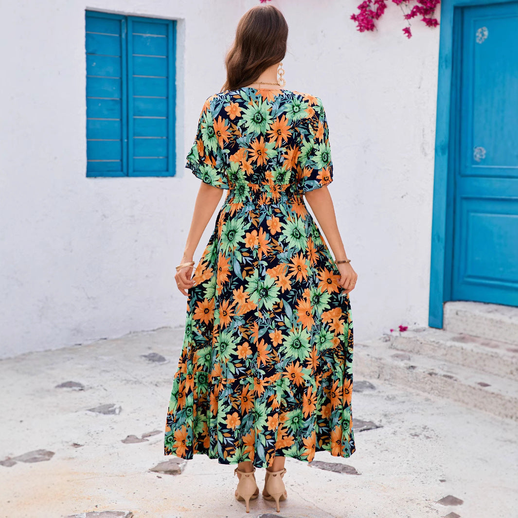 Ruffled V-Neck Cinched-Waist Bohemian Dress