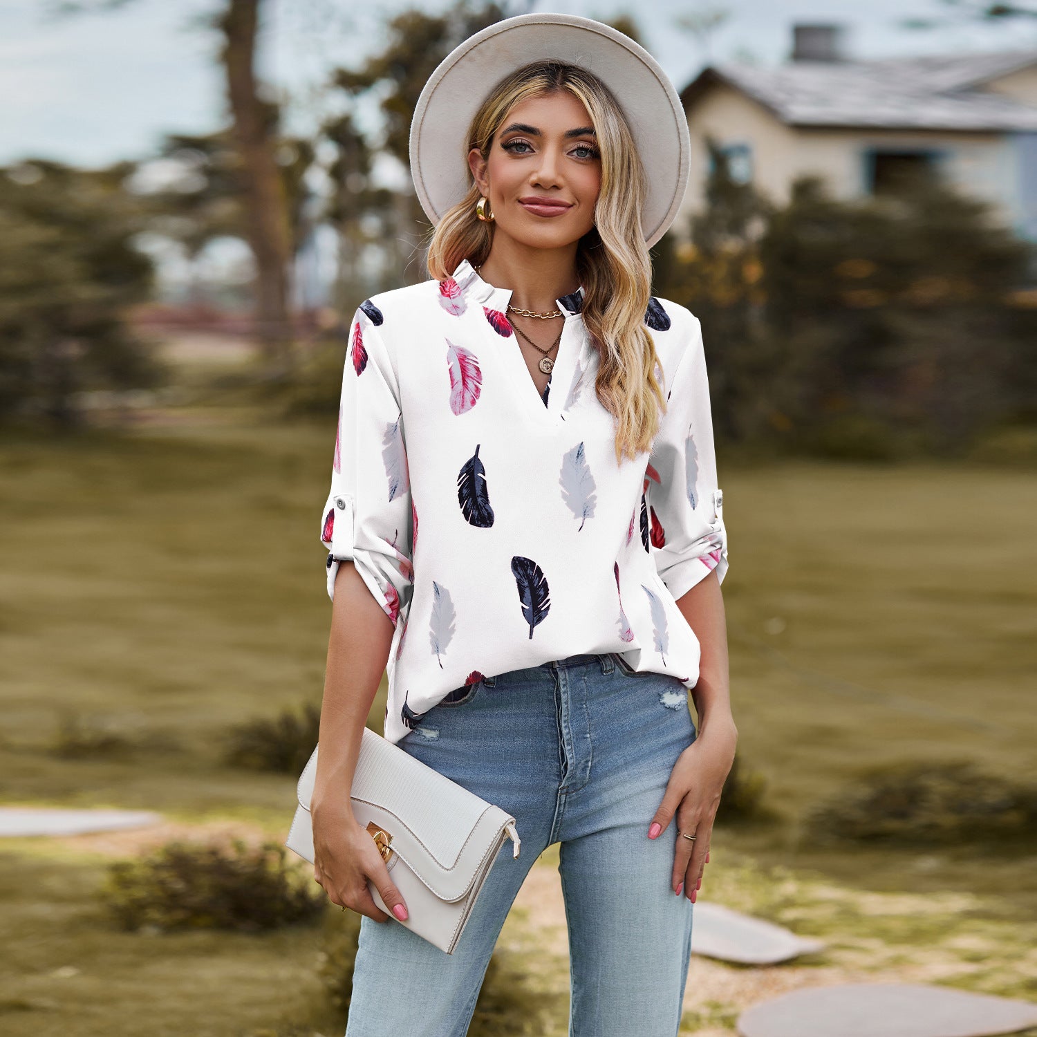 Verbe à col en V Imprimement en vrac à sept manches Blouse