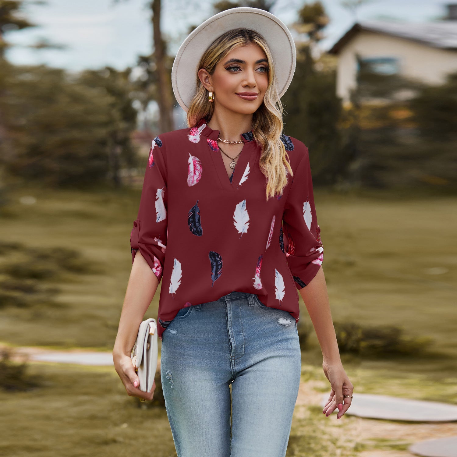 V-neck Feather Print Loose Fit Seven Sleeve Blouse