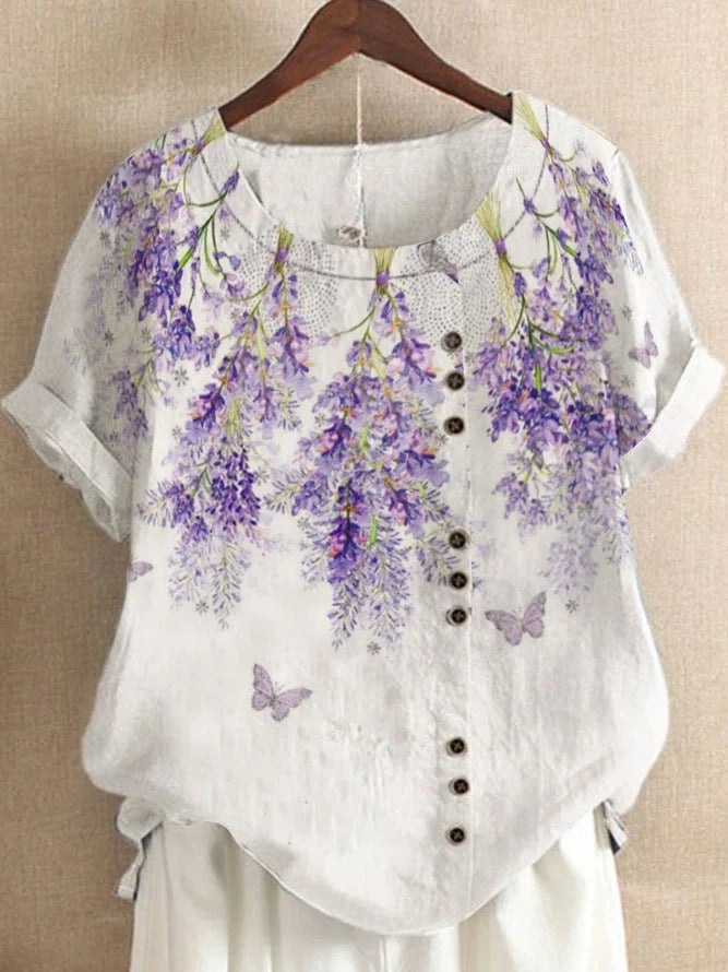Vintage Linen Cotton Fashion Print Loose T-shirt