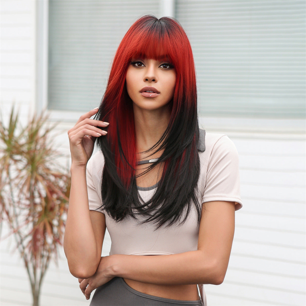 Punk Style Pink Gradient Deep Brown Bob Cut Straight Hair Wig with Bangs