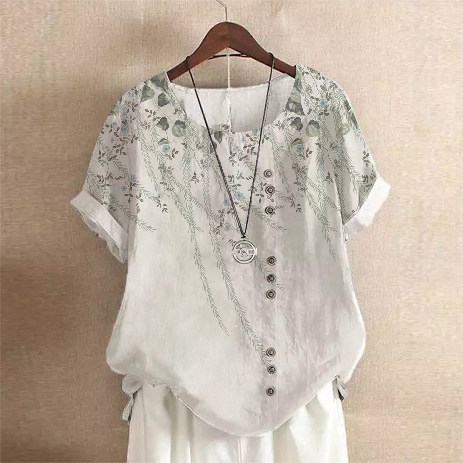 Vintage Linen Cotton Fashion Print Loose T-shirt