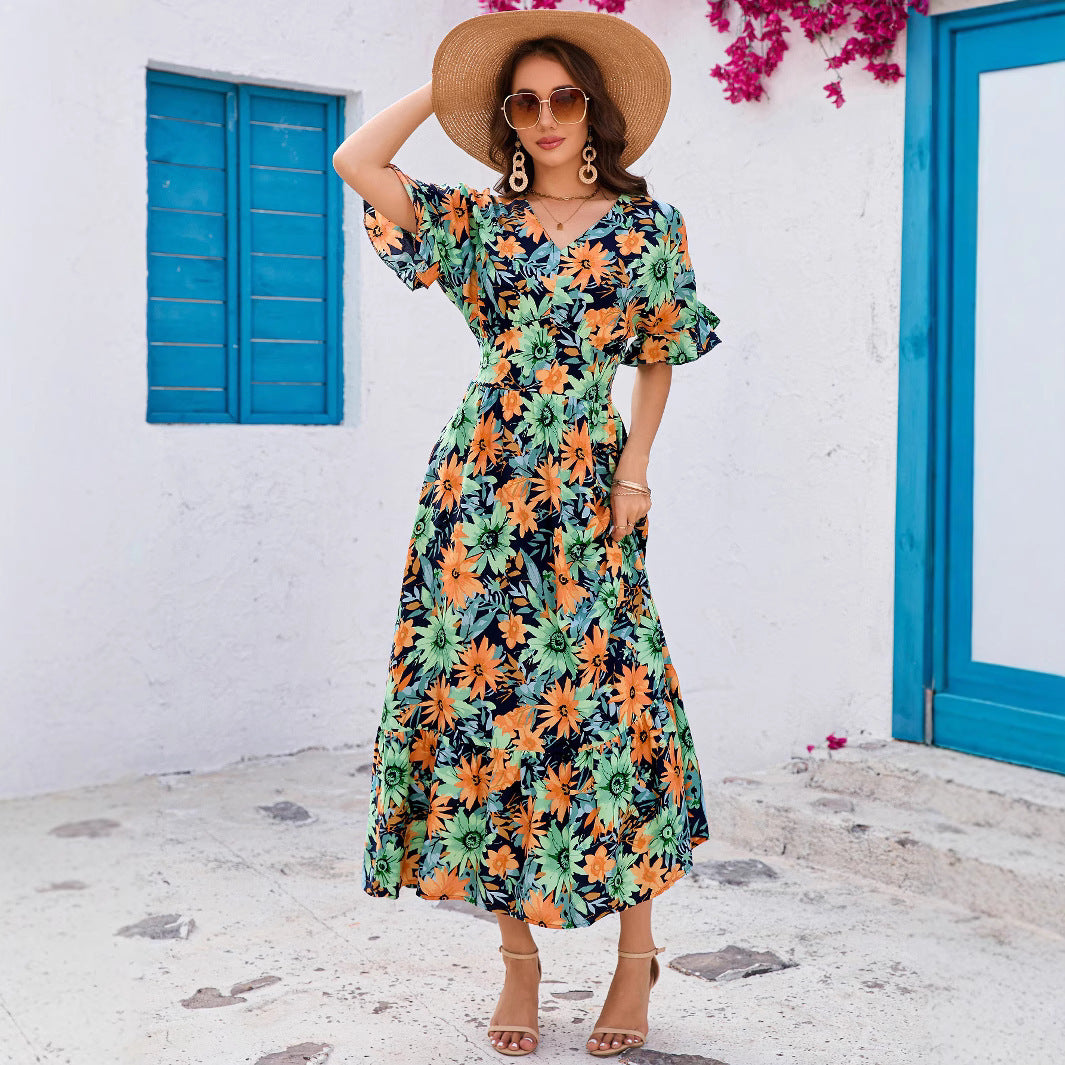 Ruffled V-Neck Cinched-Waist Bohemian Dress