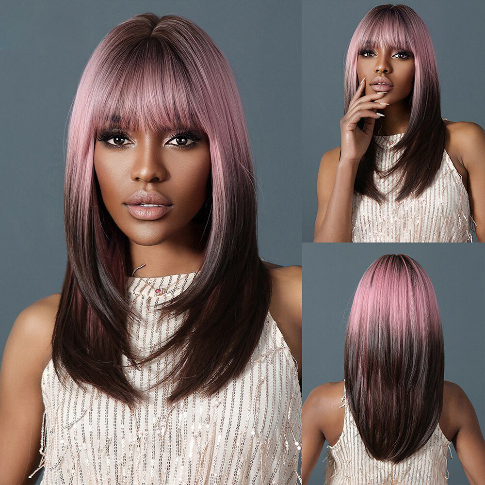 Punk Style Pink Gradient Deep Brown Bob Cut Straight Hair Wig with Bangs