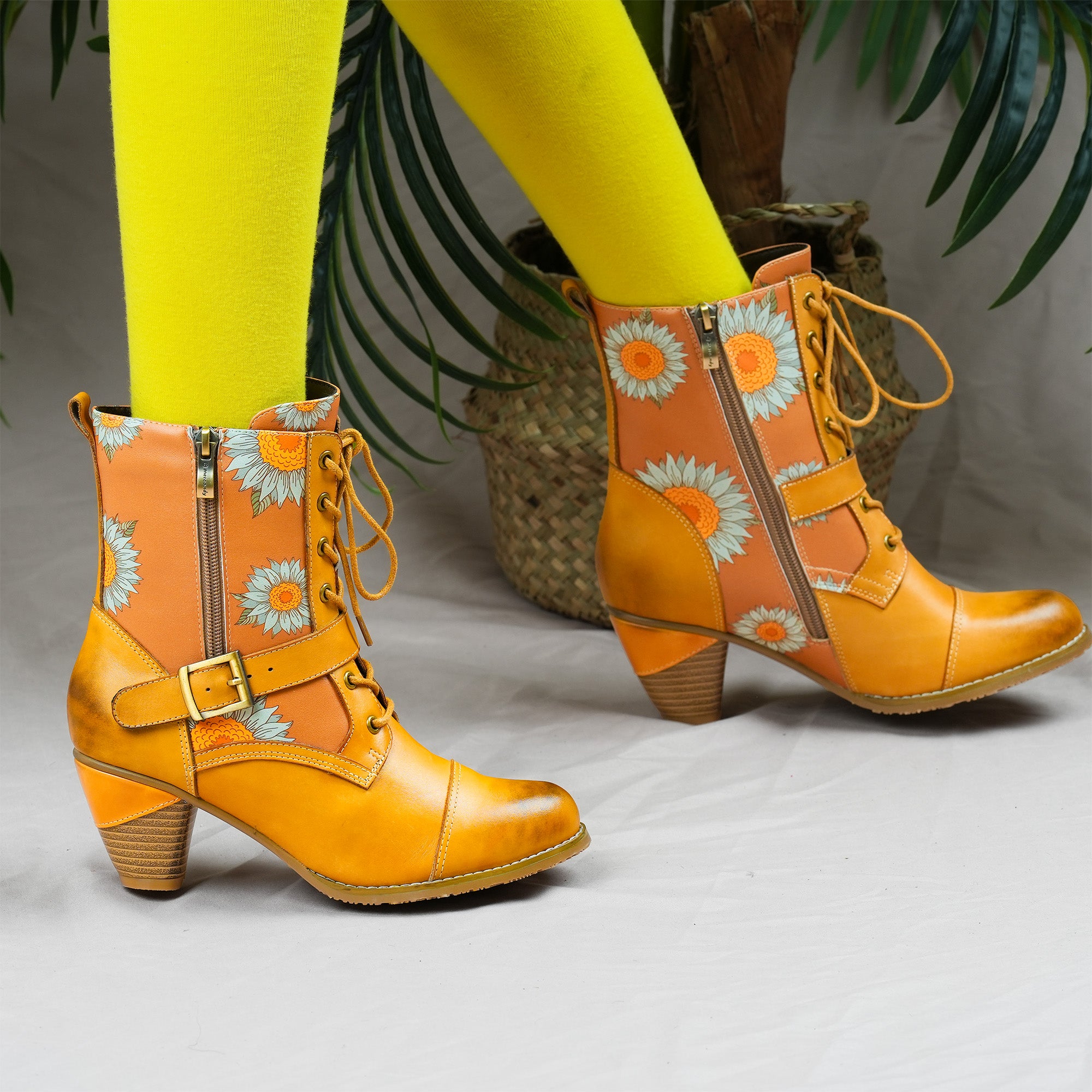 Golden Bloom Lace-Up Ankle Boots