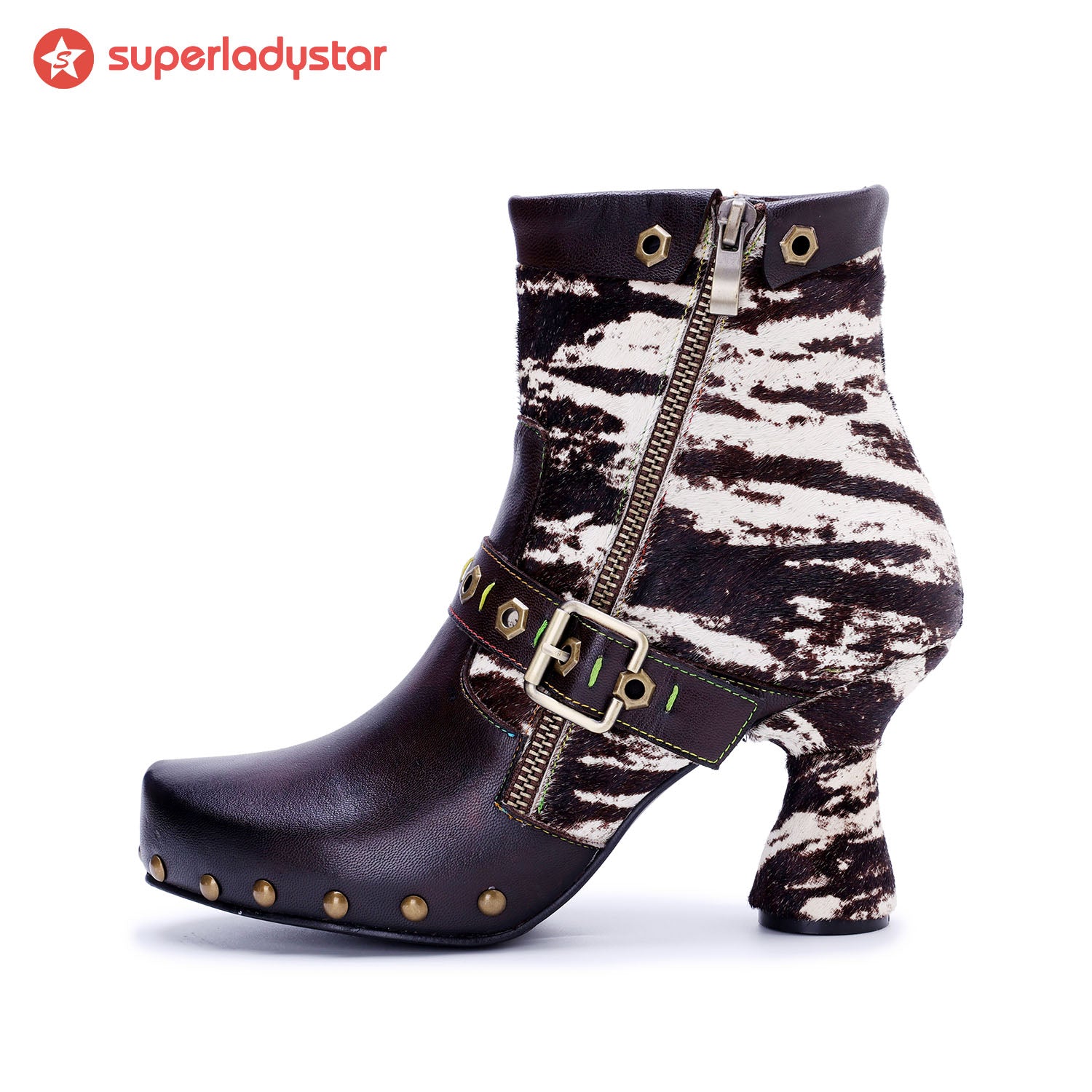 Retro Handmade Fur & leather patchwork Buckle Ankle Boots