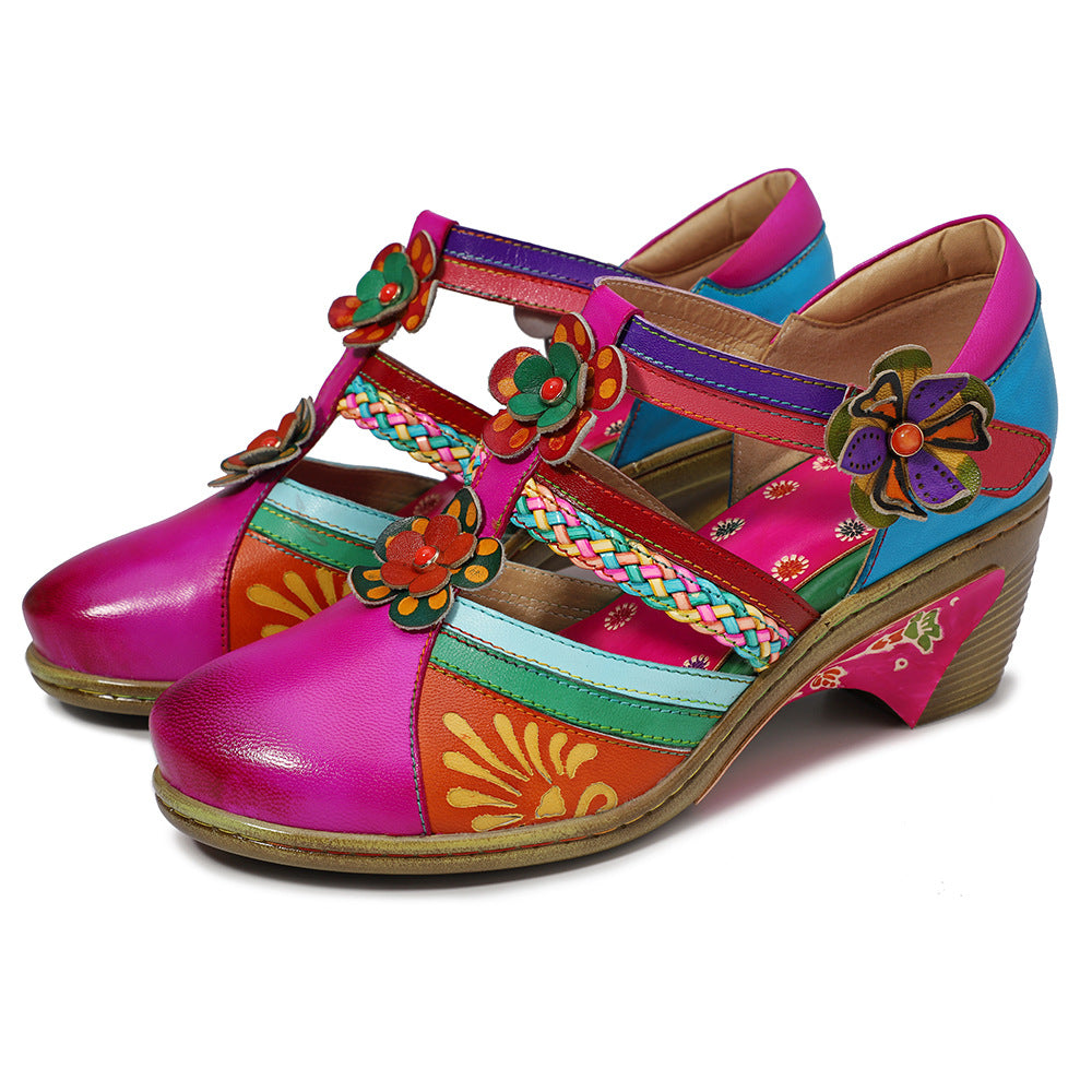 Mulheres Bohemian Leather Printing Stitching Sandálias respiráveis não deslizantes