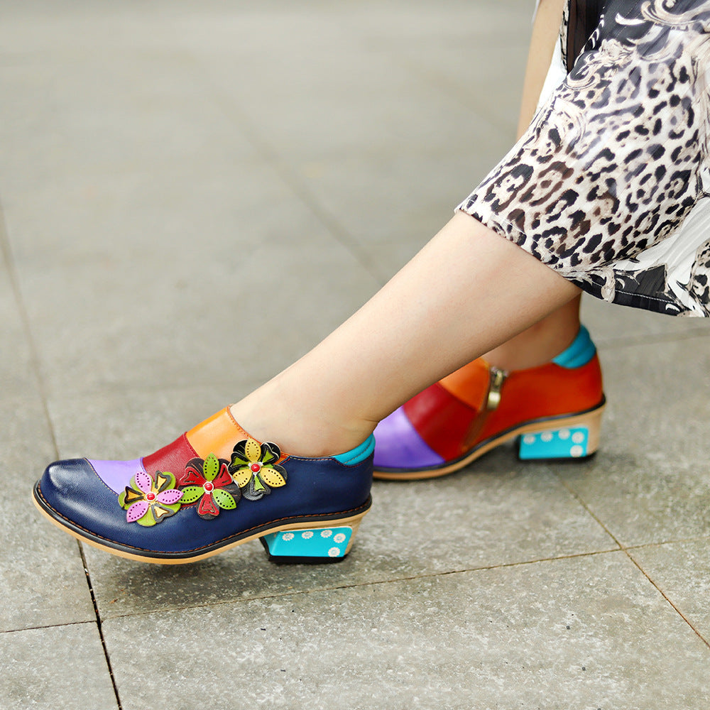 Retro Flowers Splicing Genuine Leather Comfortable Flat Shoes