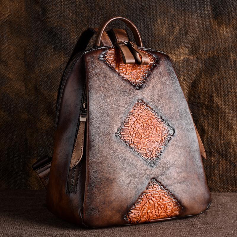 Vintage Leather Embossed Functional Capacity Backpack