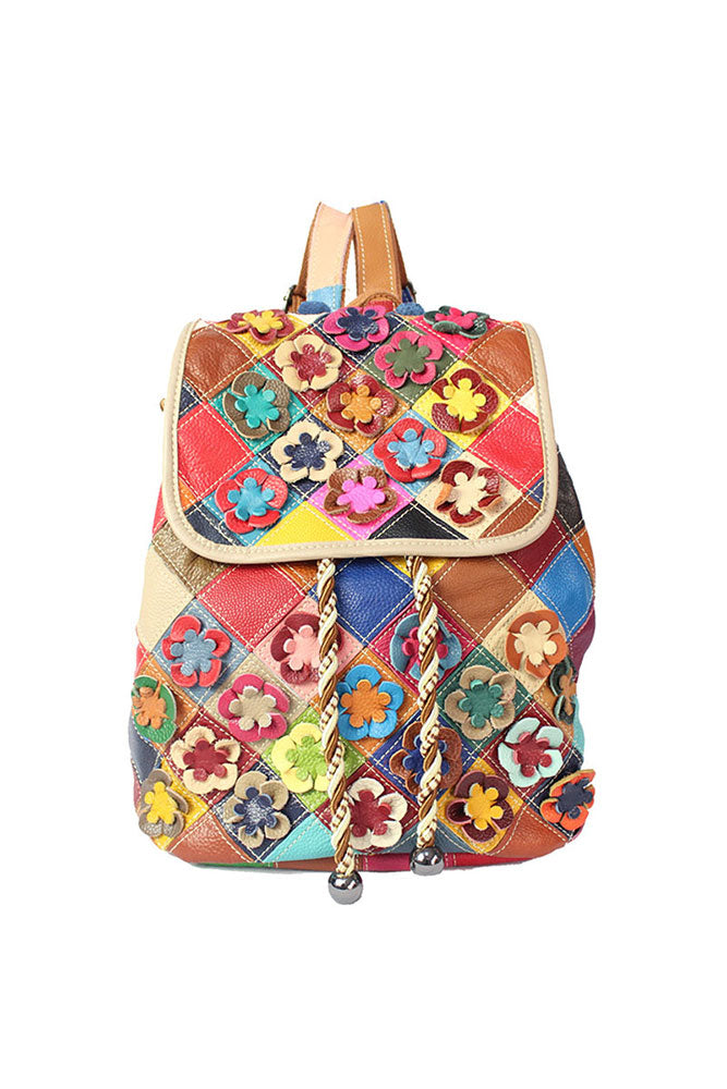 appliquéd leather backpack Vogue Female Floral Color Matching Fashion Backpack – superladystar