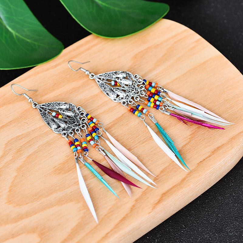 Vintage Cutout Feather Fringe Bohemian Earrings