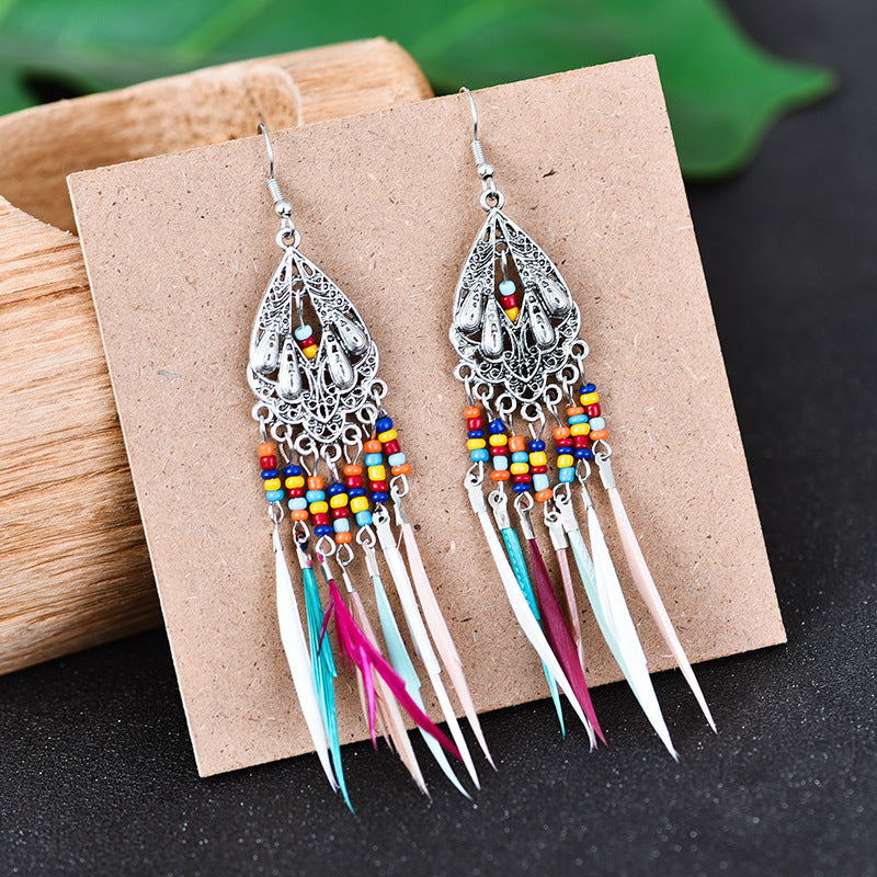 Vintage Cutout Feather Fringe Bohemian Earrings