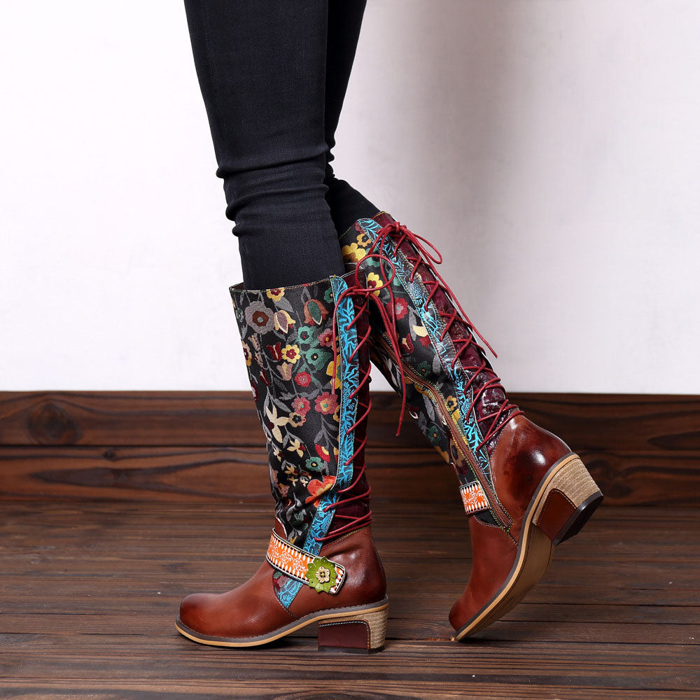 Bottes de cuir rétro décontractées Bottes de tube haut