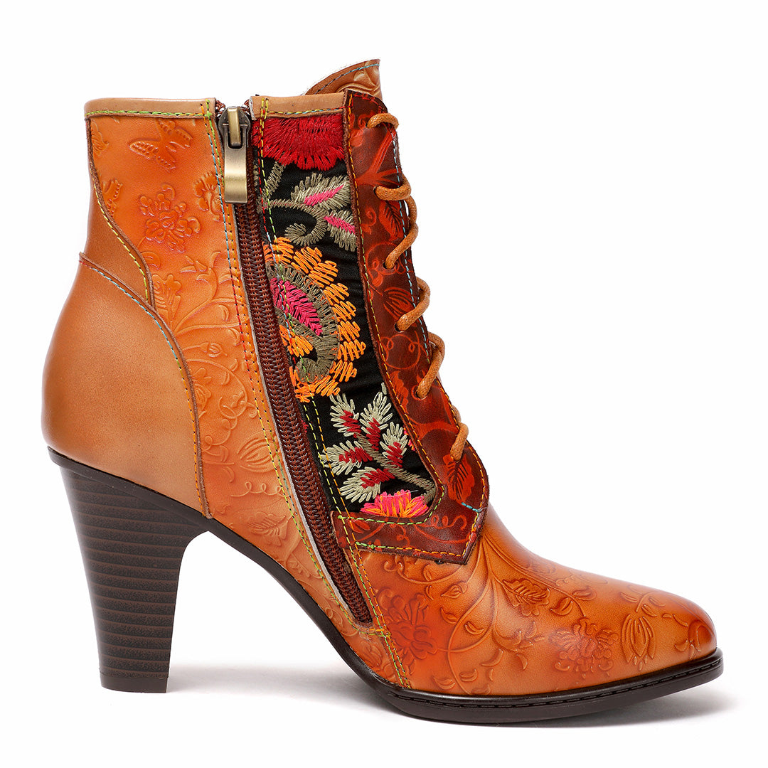Retro Hand Embroidered Leather Stitched High Heels